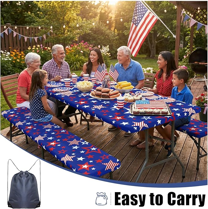 Smiry Picnic Table Cover with Bench Covers, Waterproof Elastic Fitted Tablecloth for 8 Foot Tables, Washable Polyester Tablecloths for Camping and 4th of July (Navy Blue & Red, 30x96 Inch 3-pc Set)