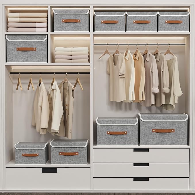 Yawinhe Collapsible Storage Box, Cube Organizer Basket, Fabric Bin with Lids, Washable and Leather Handle for Shelves, Closet, Grey, 10.2x7.9x6.7 In, 3-Pack, SNK024GN-3