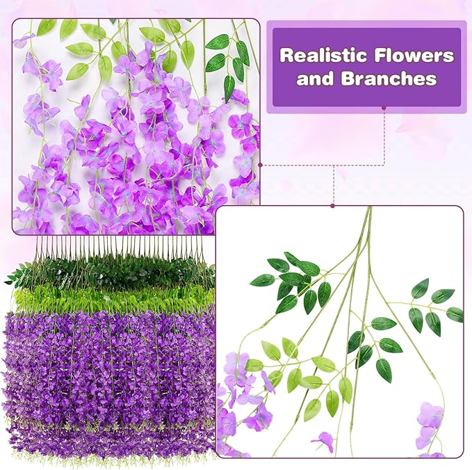 Alotiki Wisteria Hanging Flowers,12 Pack Fake Hanging Flowers,Wisteria Artificiales Garland for Home Wedding Arch Floral Party Garden Ceremony Outdoor Decor,3.6 Feet Long(12,Purple)