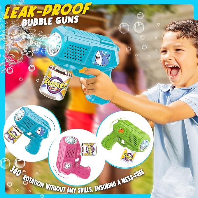 Bubble Guns with Bubble Solution- 3 Pack, Bubbles Gun, Blaster, Blower, Maker, Machine for Boys Girls, Birthday Gifts for Ages 3 4 5 6 7 8 Year Old Kid, Outdoor Toys for Toddlers, Party, Wedding