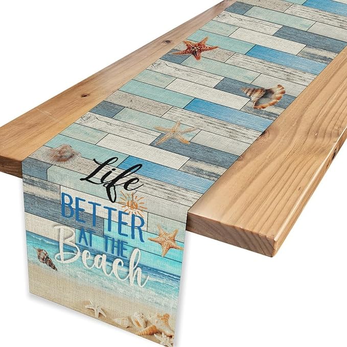 Summer Beach Table Runner, Nautical Starfish Seashell Ocean Retro Wooden Plank Coffee Table Center Decor for Home Kitchen Dining Patio Holiday Party Table Decorations 13"x90"
