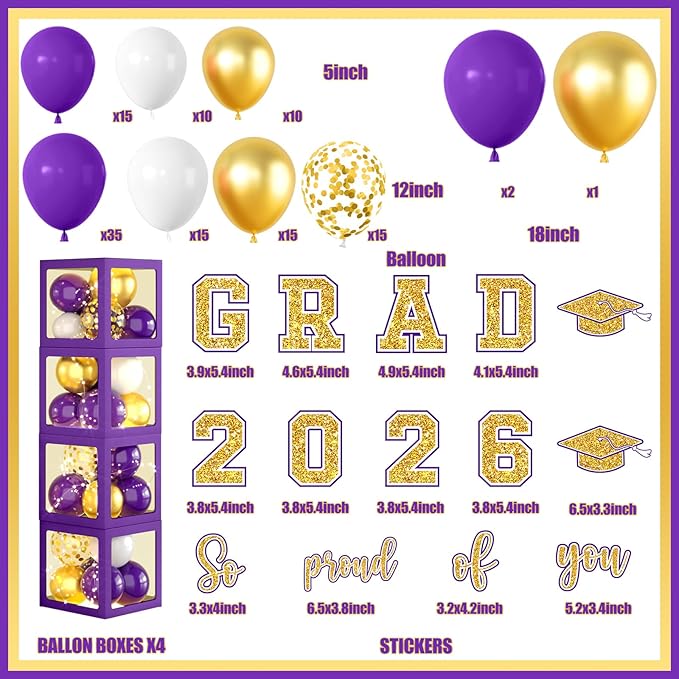 Graduation Decorations Class of 2026, Purple and Gold Graduation Decorations 2026, Purple Boxes Balloon Arch with Letters So Proud of You Grad 2026 for Memorable College Graduation Party Supplies
