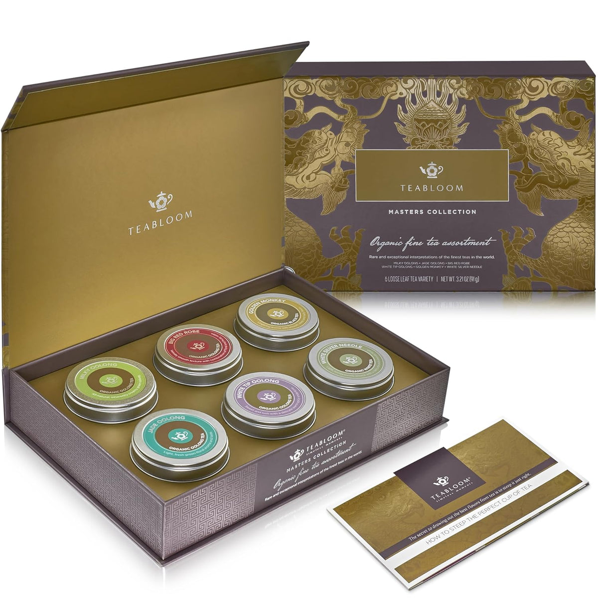 Teabloom Masters Collection - Six Rare Single-Origin Organic Loose Leaf Teas - Milky Oolong, White Silver Needle, Big Red Robe, Golden Monkey