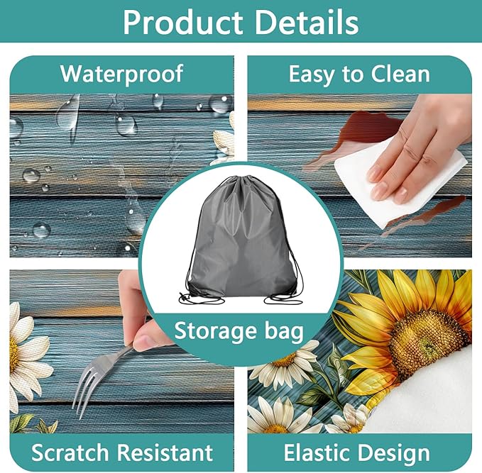 Picnic Table Cover with Bench Covers Camping Essentials Waterproof Windproof Camping Tablecloth with Drawstring Bag, Fitted Rectangle Tables and Seats, 72in, Teal Wooden Sunflower