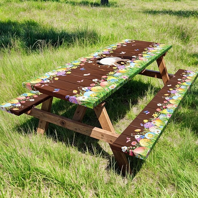 Easter Picnic Table Cover with Bench Covers Elastic Edges, Cute Bunny Flower Brown Wood Fitted Table Cover, Outdoor Patio Camping Essentials, Waterproof Camping Fitted Tablecloth, 3PCS, 30x72 Inch