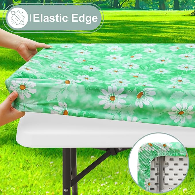 misaya Picnic Table Cover with Bench Cover, Waterproof Elastic Fitted Tablecloth for 5 Foot Tables, Rectangle Washable Polyester Tablecloths for Picnic, Camping, Outdoor (Green Daisy, 30" x 60")
