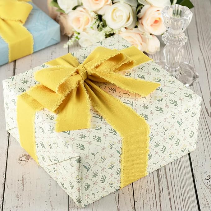 Yellow Cotton Ribbon 1-1/2 Inch Mustard Yellow 3 Rolls 21 Yards Frayed Edge Fabric Set for Wedding Decor, Bridal Bouquet Wrap, Baby Shower, Gift Wrapping & Fall Decor