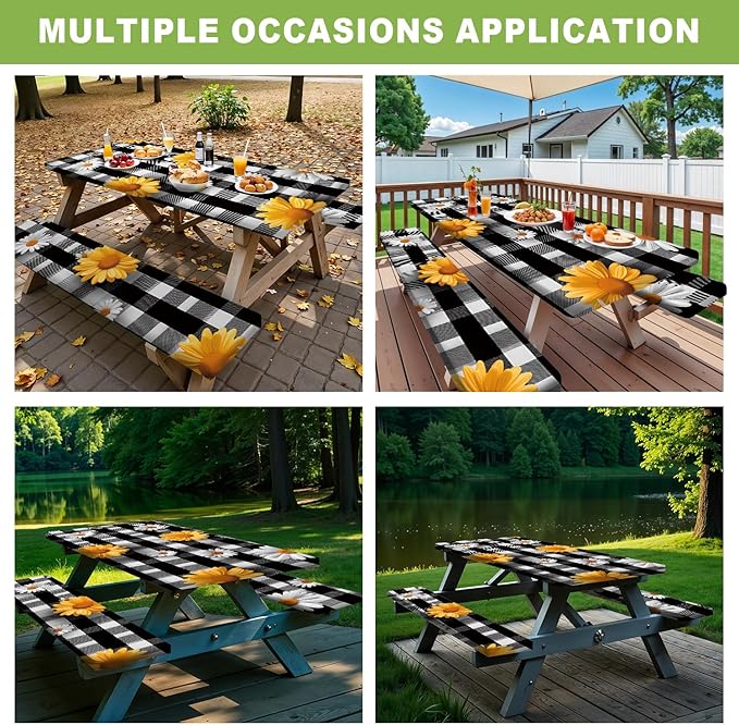 ANNA QUEEN 6FT Sunflower Picnic Table Cover Set 3PCS 72"x30", Waterproof Outdoor Bench and Tablecloth Furniture Protection for Camping Beach BBQ Patio Backyard (Small Flowers)