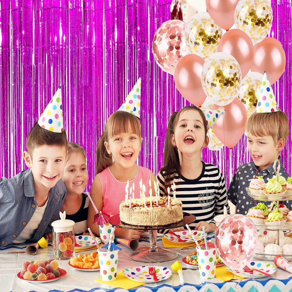 Braveshine Hot Pink Tinsel Foil Fringe Curtains - 2Pcs 3.2x8.2ft Metallic Party Streamers Backdrop for Girl Birthdays Valentines Bridal Shower