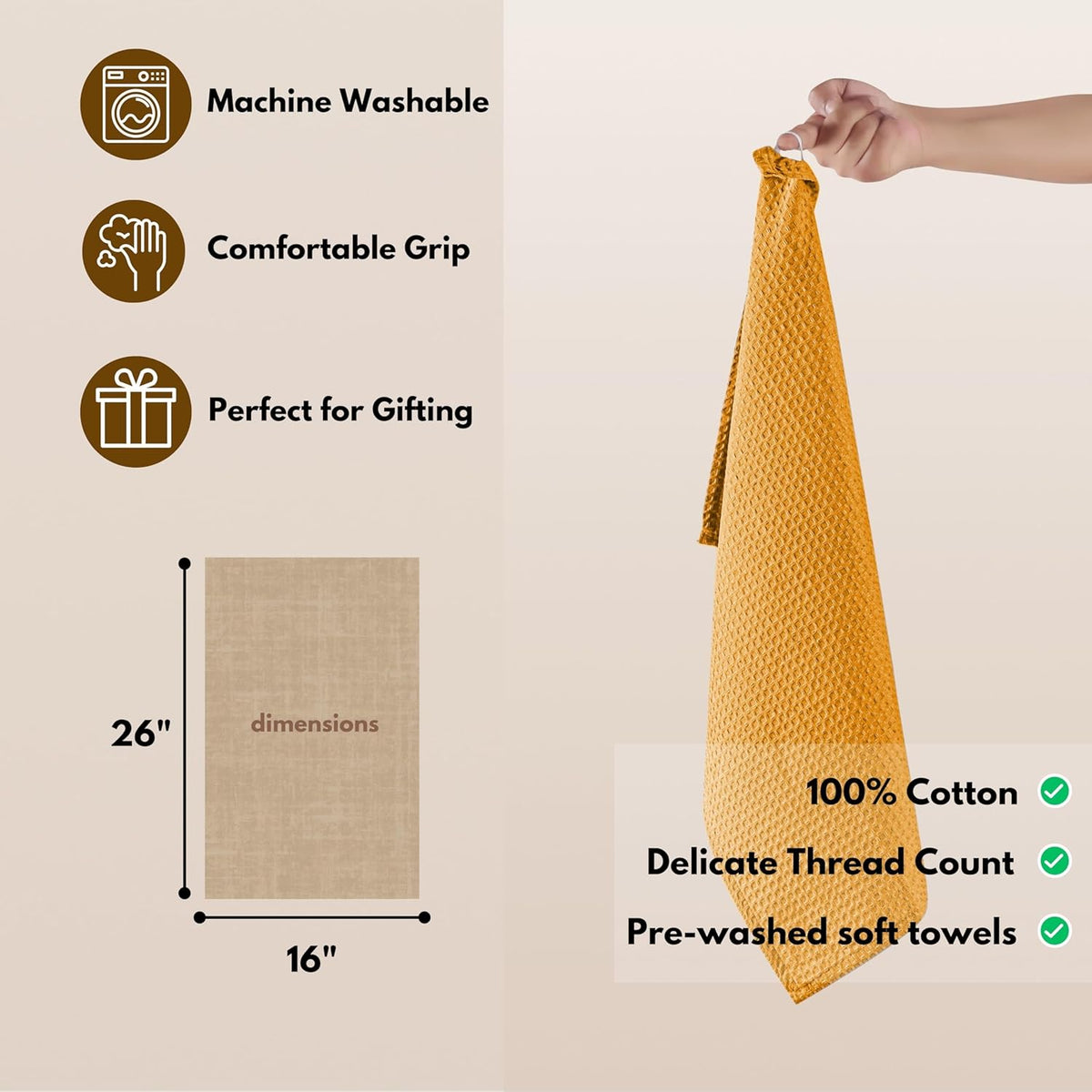 Native Fab Cotton Kitchen Towel with Hanging Loop 16x26 inches, 6-Pack, Waffle Weave Kitchen Towels for Cleaning Drying