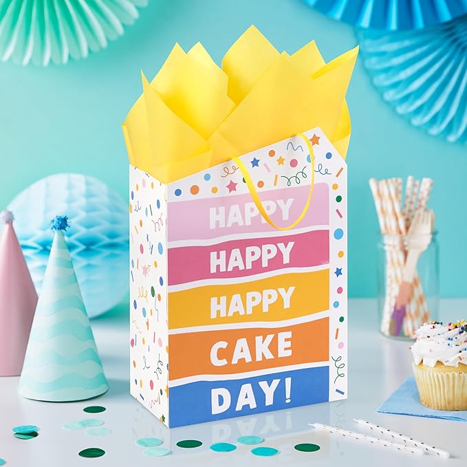 Birthday Hallmark 9" Medium Gift Bag with Tissue Paper (Happy Cake Day, Colorful Confetti) for Kids, Coworkers, Friends