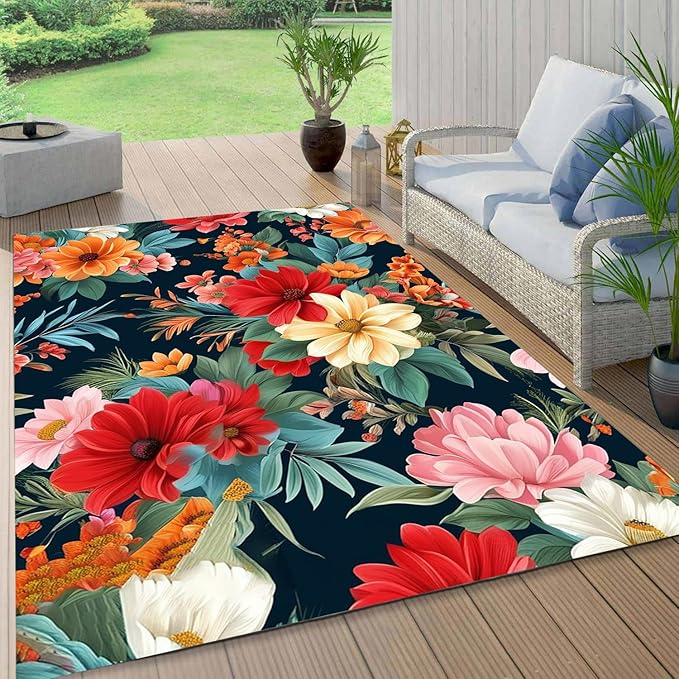Washable Outdoor Rug with Floral Texture 4x6 Waterproof Non Slip Vibrant Area Rugs for Patio Deck Garden Balcony Large Flower Print Camping Porch Backyard Outside Carpet Red Navy Blue