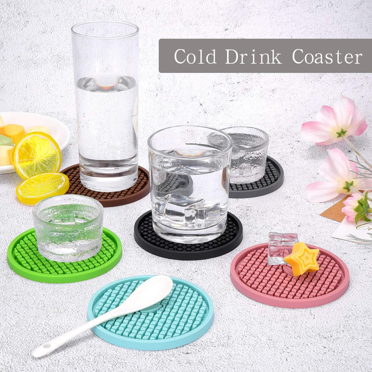 ME.FAN Silicone Coasters [6 Pack] Thickened Drink Coasters with Holder - Cup Mat - Non-Slip, Non-stick, Stay Put, Deep Tray