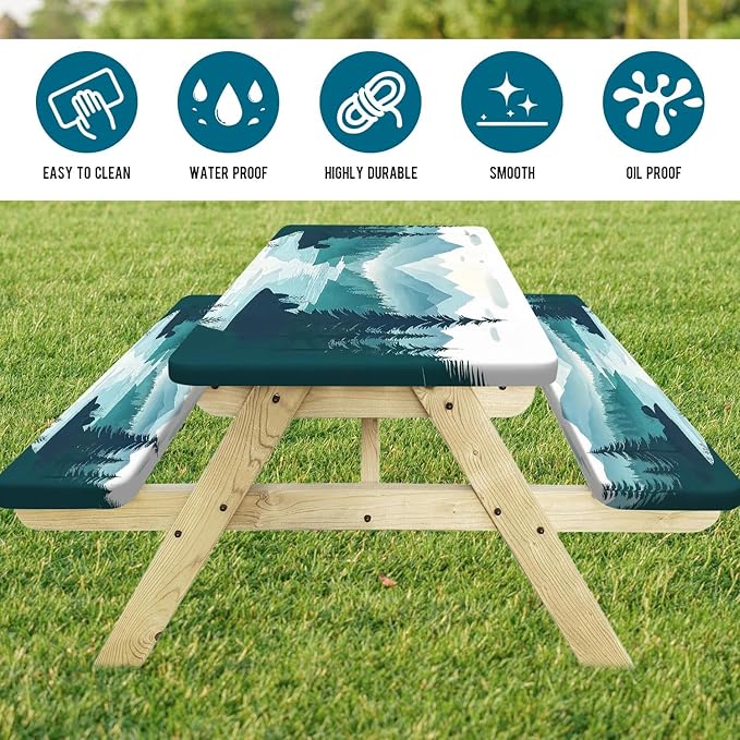 Picnic Table Cover with Bench Covers, Mountains Green Lake Tree Camping Essentials Tablecloth Fitted Rectangle Tables and Seats, Misty Landscape with Elastic Windproof Edges Picnic Table Cloth Cover