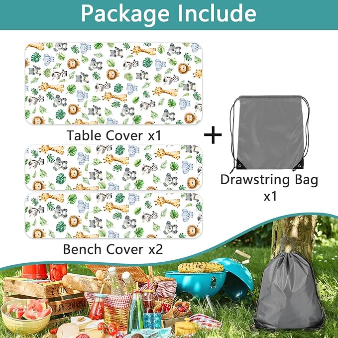 Jungle Safari Picnic Table Cover with Bench Covers, Camping Essentials, Animal Print Waterproof Windproof Table Cover, Fitted Tablecloth Cover with Elastic Edge, for Indoor & Outdoor 3 PCS 30x96 Inch