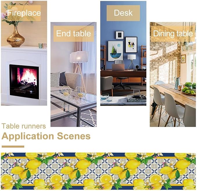 Yellow Lemon Table Runner, Spring Summer Seasonal Blue Tiles Watercolor Lemon Table Runner for Farmhouse Kitchen Indoor Outdoor Party Decor, 13x90inch