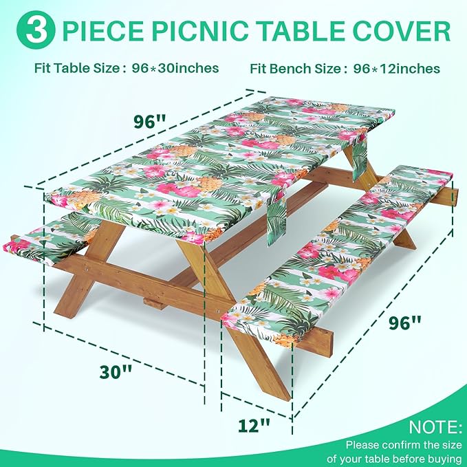 3 Piece Picnic Table Cover with Bench Covers Elastic Fitted Heavy Duty Camping Table Cloths for 8Ft Tables Camper Travel Trailer Must Haves Motorhome Garden Organization Moms Dads Kids Gift