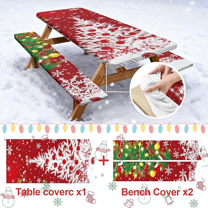 Picnic Table Cover with Bench Covers Set of 3, Elastic Fitted Tablecloth for 6 Foot Tables, Washable Polyester Tablecloths for Camping, Indoor & Outdoor