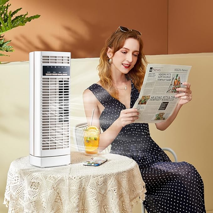 Tangkula 14-Inch Desk Fan, 90° Oscillating Small Tower Fan, Portable Quiet Cooling Table Fan w/ 3 Speeds, 4H Timer, Compact Bladeless Standing Fan for Living Room, Bedroom, Office, Desktop(White)