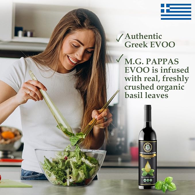 M.G. Pappas High Polyphenol Rich Basil Infused Olive Oil - Extra Virgin Olive Oil - Over 500mg/kg - Cold Pressed & Unfiltered