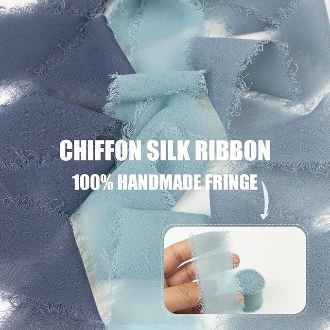 Dusty Blue Chiffon Ribbon 1.5 Inch x 21Yds Handmade Fringe Chiffon Silk Ribbon Dusty Blue/Slate Blue/Dark Blue Frayed Chiffon Ribbon for Wedding Invitation Flower Bouquets Bridal Shower Gift Wrapping