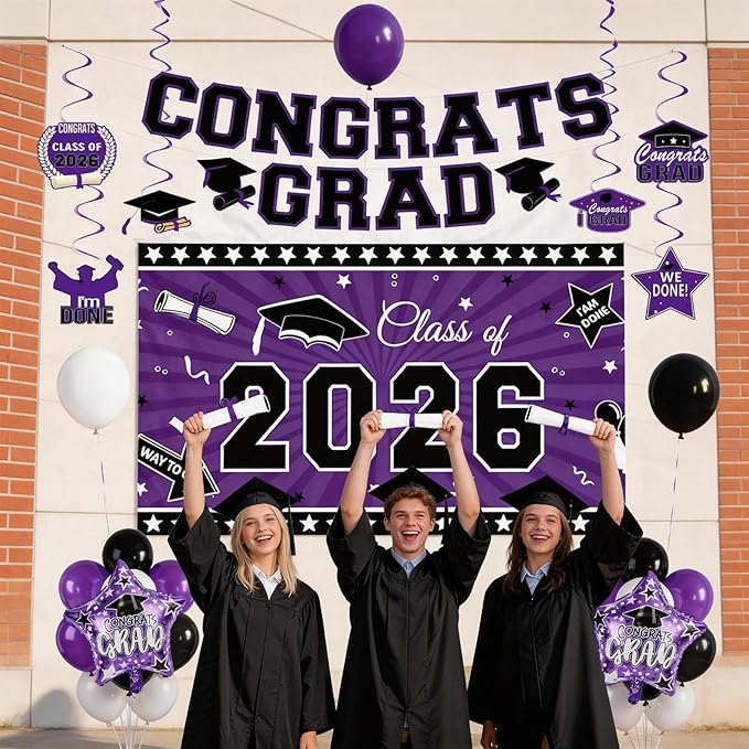 Graduation Decorations 2026, Purple Black Graduation Party Decorations Set with Class of 2026 Backdrop Congrats Grad Banner 18inch Foil Grad Star Balloons Hanging Streamers Kit for High School College