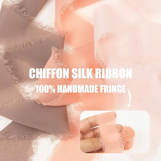 Dusty Rose Chiffon Ribbon 1.5 Inch x 21Yds Handmade Fringe Chiffon Silk Ribbon Brown/Peach/Pink Frayed Chiffon Ribbon for Wedding Invitation Flower Bouquets Bridal Shower Gift Wrapping