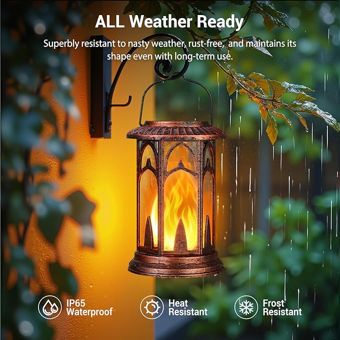 KOOPER Taller Solar Lanterns Outdoor Waterproof Hanging Solar Lantern Lights, 2Pack Upgraded Flickering Flame Lanterns Decorative Outdoor, Battery & Solar Powered lantern for Garden Yard Decor, Bronze