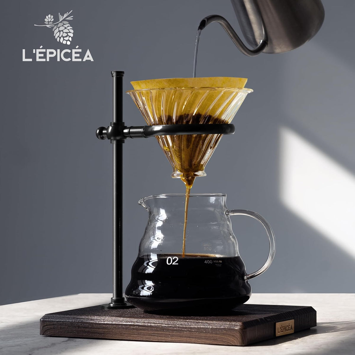 L'ÉPICÉA Pour Over Coffee Maker Set, Pour Over Coffee Maker with Stand, Adjustable Stainless Steel Stand, Wooden Base, Paper Filters
