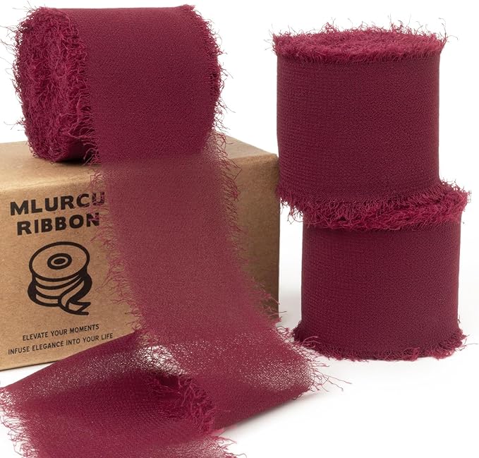 Burgundy Chiffon Ribbon - 1-1/2 Inch x 21 Yards Handmade Fringe Silk Ribbon for Boho Wedding, Gift Wrapping & Flower Bouquets