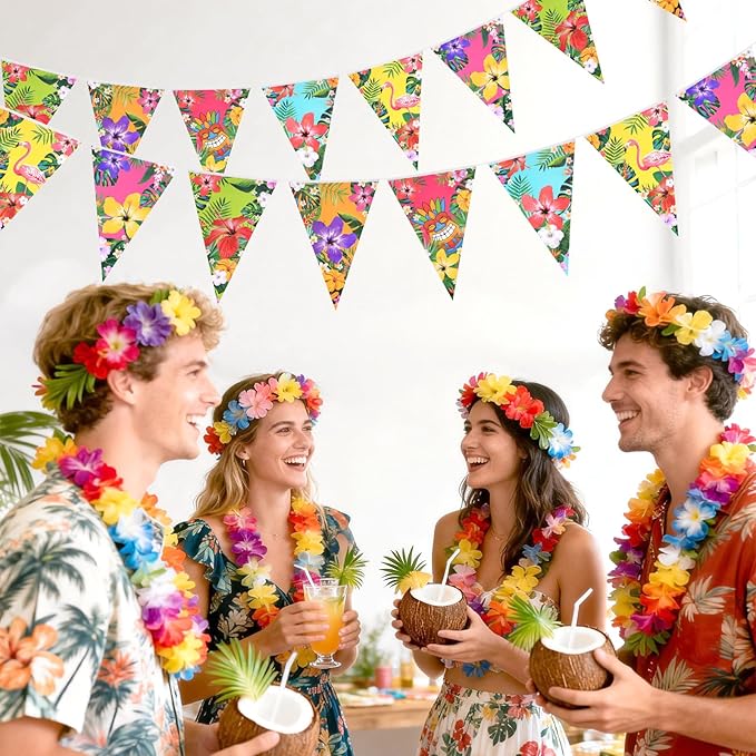 jijAcraft 4 Pack Hawaiian Bunting Banners - Pre-strung Tropical Flowers Triangle Pennant Banner with Flamingo, Floral Luau Party Decor for Hawaiian Tropical Pool Summer Tiki Beach Aloha Party Decor