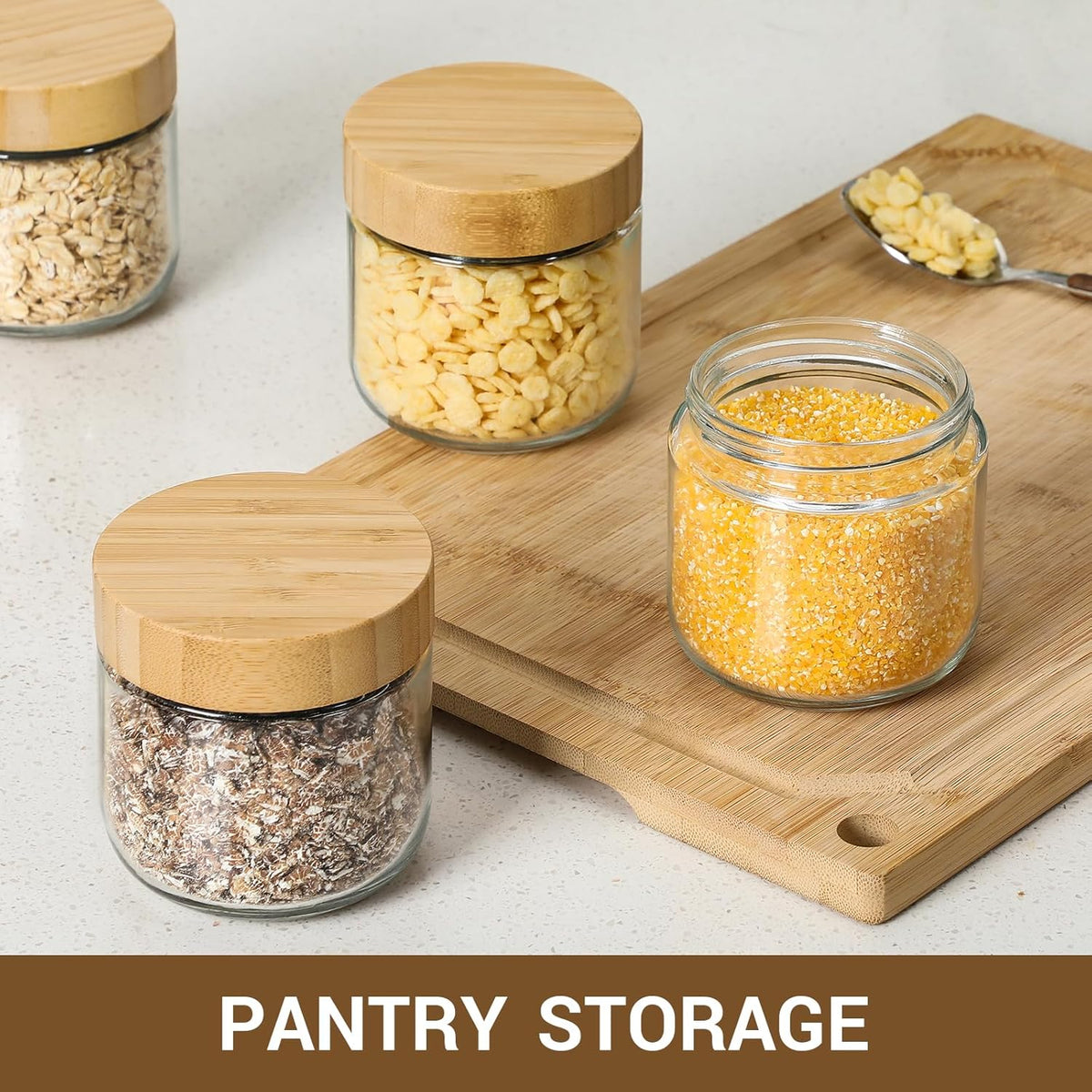 Netany 4-pack 8oz Glass jars with Airtight Lids, Overnight Oats Containers with Bamboo Lids, Wide mouth Mason Salad jars