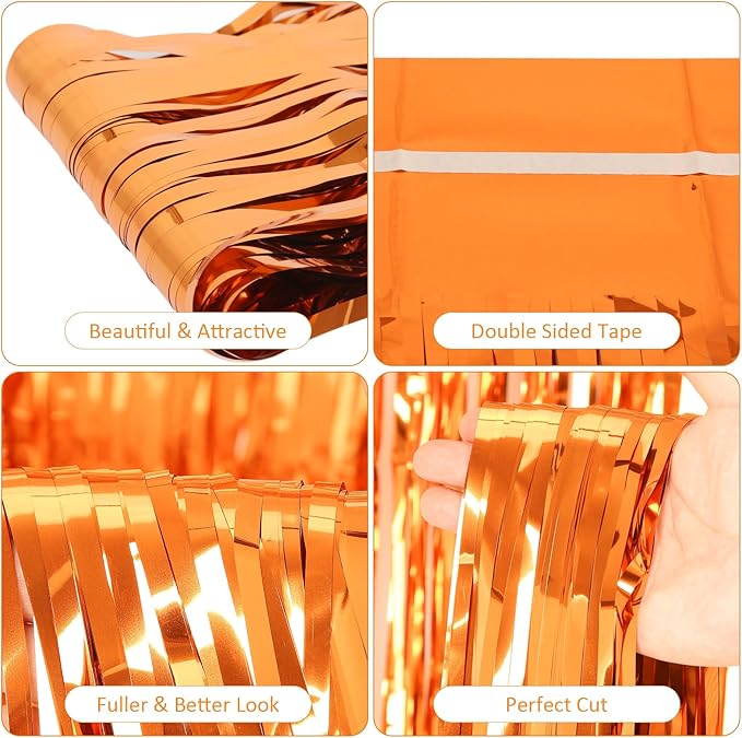 PIGETALE 2 Pack 3.2x8.2 Feet Orange Foil Fringe Backdrop Curtains, Metallic Tinsel Photo Booth Backdrop Streamers Birthday Party Decorations, Halloween Baby Shower Disco Basketball Party Supplies