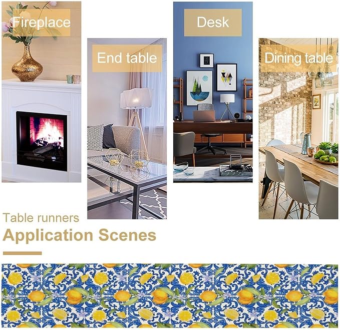 Rustic Lemon Table Runner,Vintage Morocco Blue Mediterranean Spring Summer Fruit Print Table Runner for Farmhouse Kitchen Dining Table Home Party Decor 13x36in