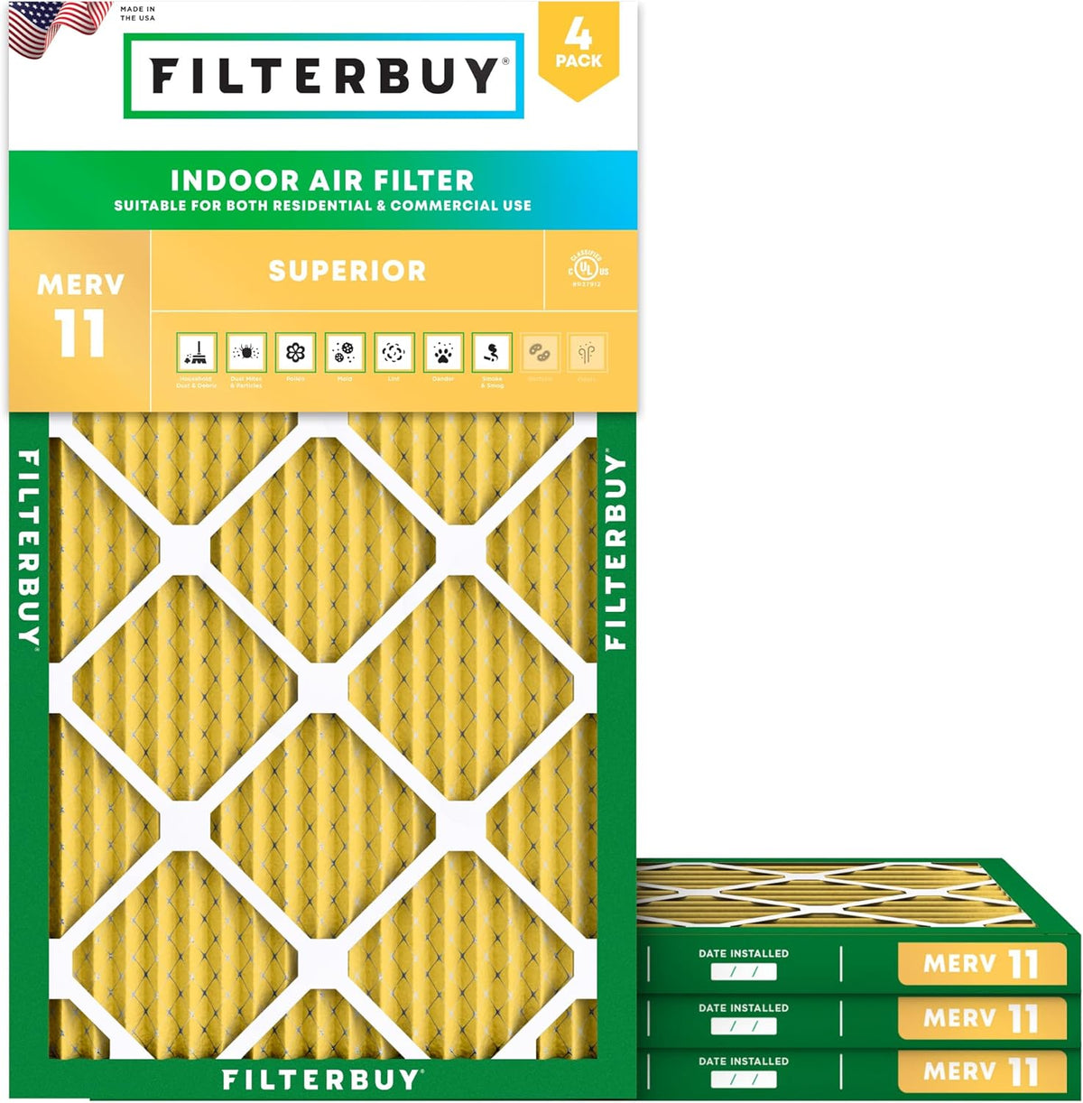 Filterbuy 12x36x1 Air Filter MERV 11 (MPR 1200) Allergen Defense Replacement (4-Pack), Electrostatic Pleated HVAC AC Furnace Filters, Made in USA (Actual Size: 11.88 x 35.88 x 0.75)