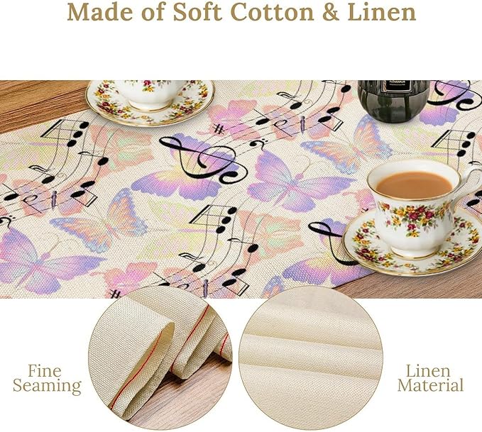 Music Butterfly Table Runner, Beautiful Musical Notes Spring Butterfly Background Print Table Runner for Holiday Kitchen Dining Outdoor Home Party 13x60in