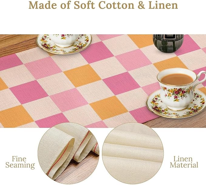 Pink Checkered Table Runner, Vintage 70s Abstract Cute Modern Hippie Table Runner for Party Kitchen Dining Home Outdoor 13x108in