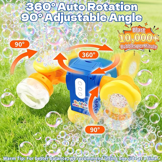 Rechargeable Bubble Machine for Kids, Dual Switch Control, Automatic 360° Rotation & 90° Adjustable Bubble Blower Maker with LED Lights Indoor Outdoor Toy Gift for Birthday Wedding Parties