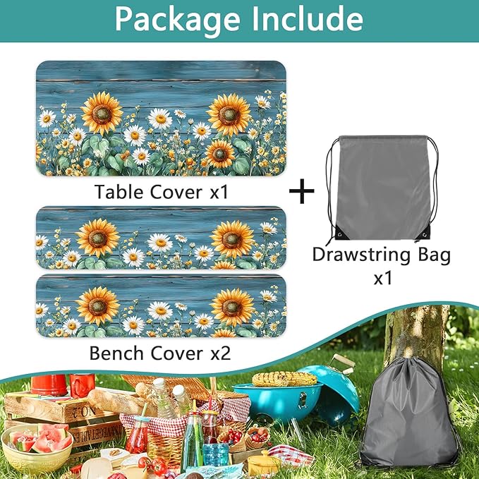 Picnic Table Cover with Bench Covers, Waterproof Elastic Fitted Tablecloths for 6 Foot Rectangle Tables, Outdoor Washable Sunflower Wooden Tablecloth for Camping 30X72in