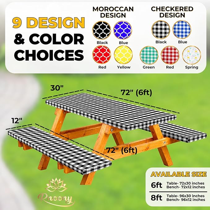 RNOONY Vinyl Fitted Picnic Table Cover with Bench Covers and Bag, 6ft Outdoor Waterproof Windproof Tablecloth with Elastic Edges. Camping RV Gear Campers Must Have 72x30 Inches 4 Pcs Set (Black)
