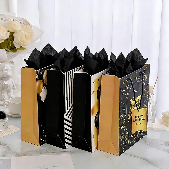 Treelement Happy Birthday 4 Pcs Assorted Designs Gift Bags Set, 7×3.4×9.5 Inch Gift Wrap Bags with Tissue Paper and Tags for Birthday Party Presents of Kids, Friends, Family