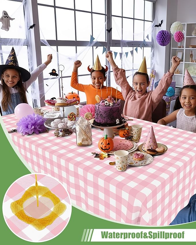 Smiry 8 Packs Gingham Disposable Table Cloth, 54 x 108 Inch Waterproof Plastic Tablecloth, Rectangle Pink and White Checkered Table Covers for Party, Birthday, Picnic, Valentines