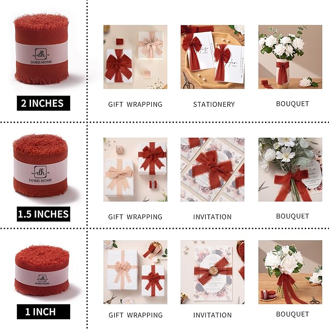 DORIS HOME Terracotta Chiffon Ribbon for Flower Bouquet, 2" x21Yd Fabric Ribbon for Gift Wrapping, Handmade Frayed Ribbon for Wedding, Chiffon Silk Ribbon for Christmas Decorations