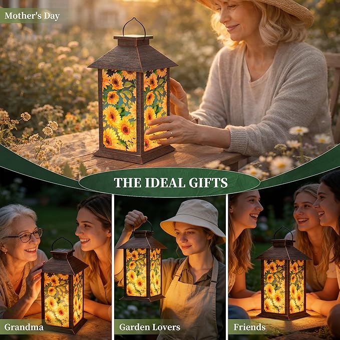 Solar Lanterns Outdoor, Waterproof Garden Sunflower Solar Lantern, 13" Outdoor Lantern with LED Flickering Flameless Candles, Lanterns for Women Mom Gifts Decorative for Porch, Yard, Patio