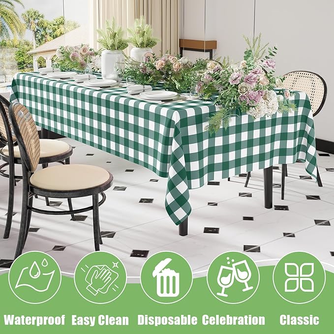 Smiry 3 Pack Hunter Green Gingham Disposable Tablecloths - 54" x 108" Heavy Duty Plastic Table Cloth, Waterproof Buffalo Plaid Table Covers for St. Patrick's Day, Banquets, Parties