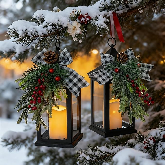 Christmas Decorative Lantern with LED Candle – Black Lantern with Pinecones, Black Bow – Battery Operated Christmas Table Centerpiece for Indoor Decor(1pack)