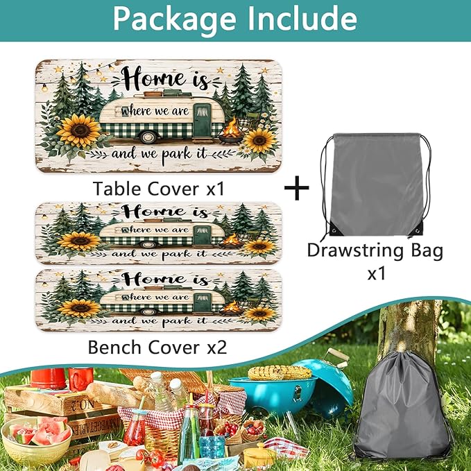 Picnic Table Cover with Bench Covers Camping Essentials Green Checkered RV Forest Sunflower Wooden Outdoor Table Covers with Elastic Waterproof Camping Tablecloth for Indoor & Outdoor 3 PCS 30x60 Inch