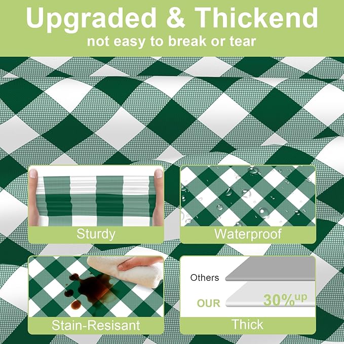 QIKSION Green Gingham Tablecloth Disposable 12 Pack, 54 x 108 Inch Green and White Checkered Table Cloth for Camping, Birthday, Masters Golf Party Supplies, Rectangle, Plastic Table Cover