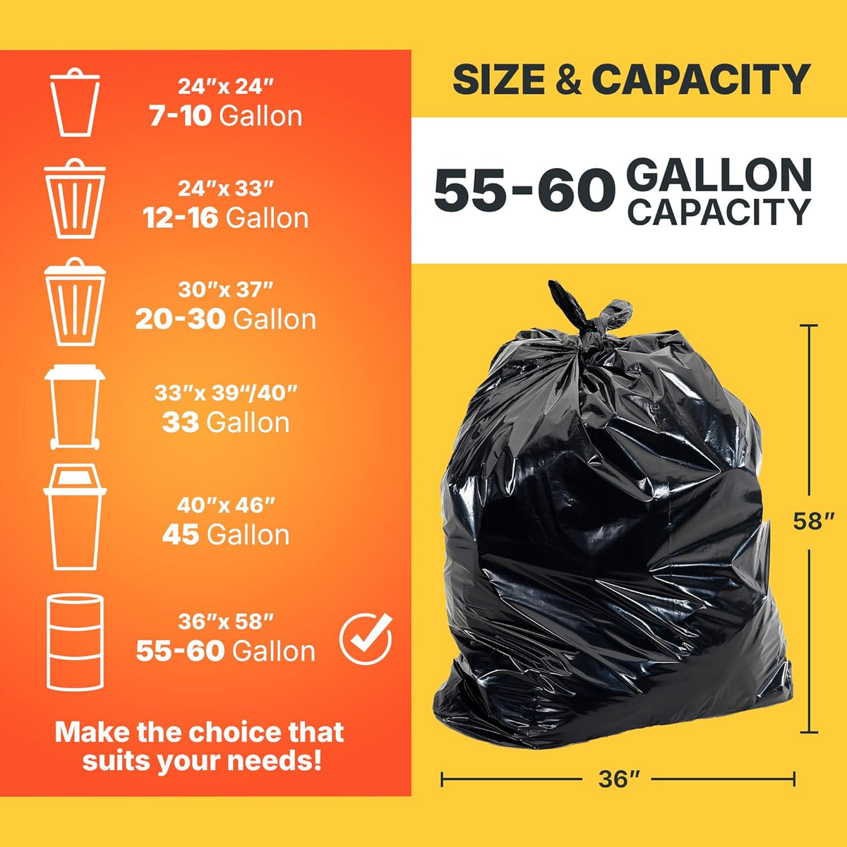 55-60 Gallon Trash Bags, 50 Micron Heavy Duty Pure LDPE Garbage Can Liners, 36" x 58" Large, Black, 50 Count