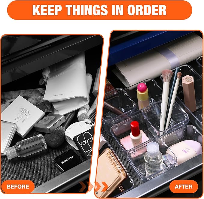 ValueMax 9 PCS Clear Plastic Drawer Organizers Set with Non-Slip Pads, 3 Sizes Desk Drawer Organizer for Vanity, Kitchen, Bathroom and Office